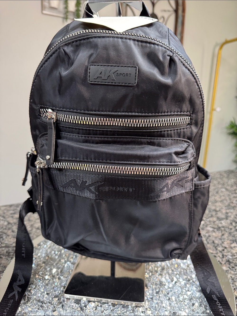 Anne Klein Black Nylon Medium Backpack with Silver Zippers NWT